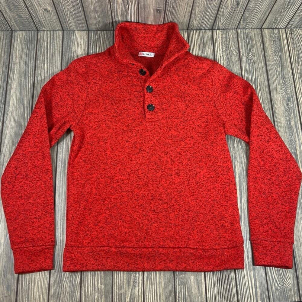 H2H Men Sweater Soft Marbled Heathered Red Pullover 1/4 Button Size M Preppy‎